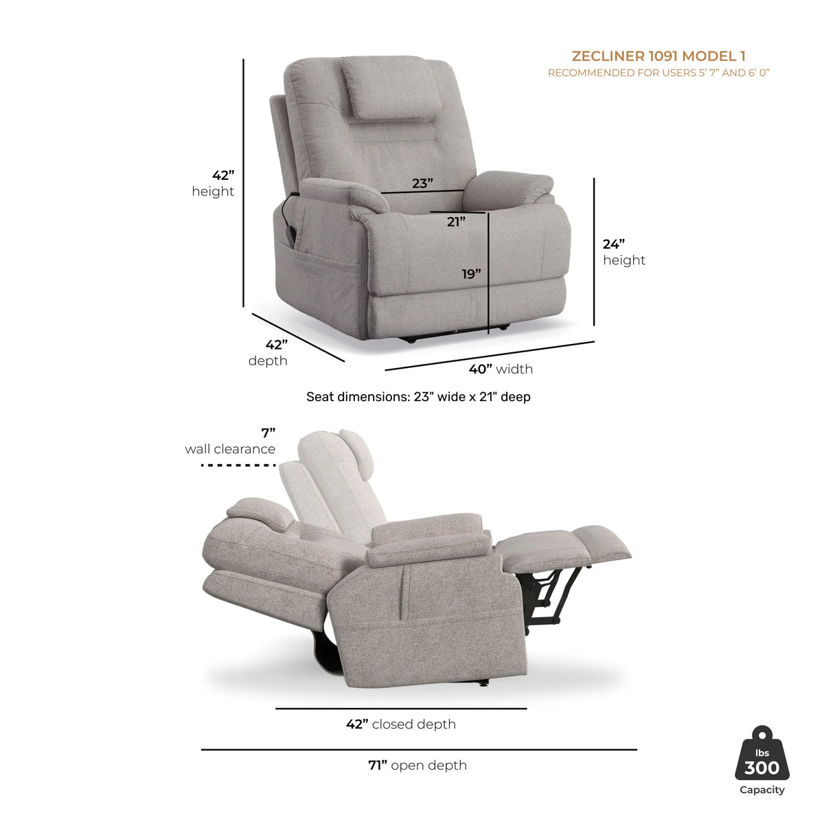Zecliner Model 1 Power Sleep Recliner with Power Headrest & Lumbar