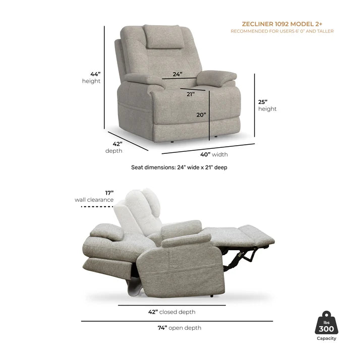 Zecliner Model 2+ Power Lift Sleep Recliner with Power Headrest, Lumbar, Heat & Massage