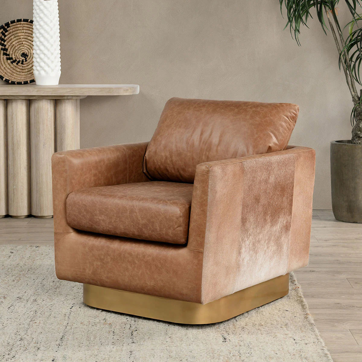 Lathe Leather/Hide Accent Chair Chestnut Brown/Blonde