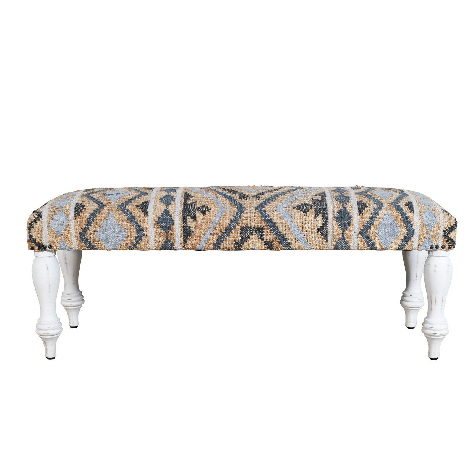 Solange Southwestern Brown/Blue Geometric Polyester and Wood Upholstered Accent Bench