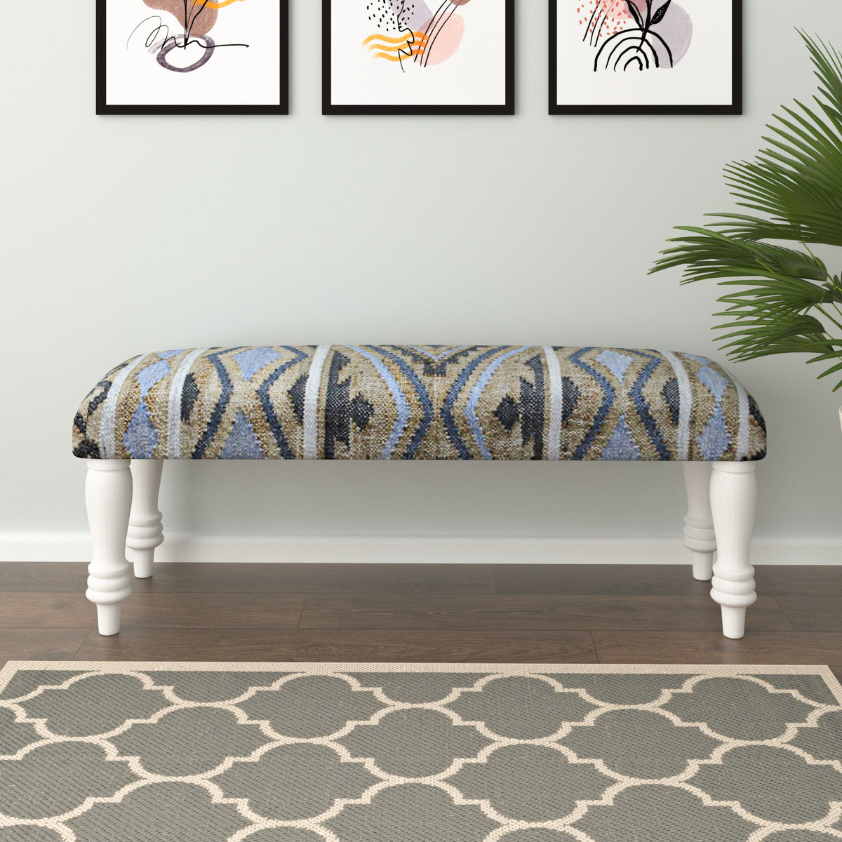 Solange Southwestern Brown/Blue Geometric Polyester and Wood Upholstered Accent Bench