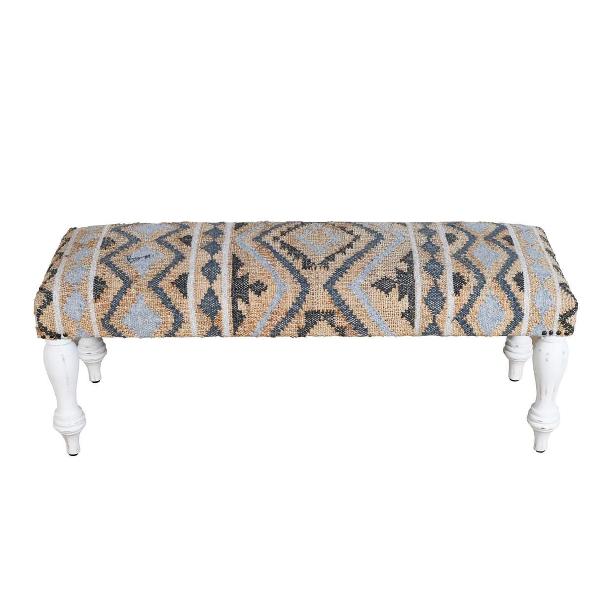 Solange Southwestern Brown/Blue Geometric Polyester and Wood Upholstered Accent Bench