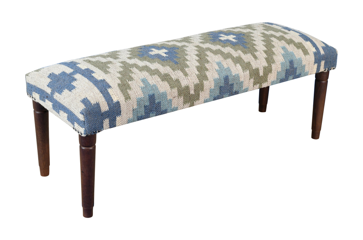 Elaris Contemporary Blue/Sage Geometric Polyester and Wood  Upholstered Accent Bench