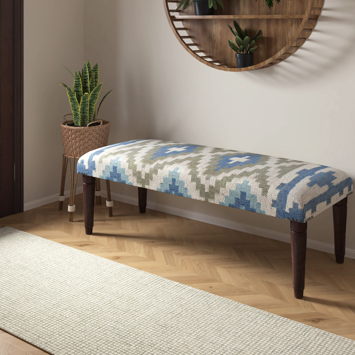 Elaris Contemporary Blue/Sage Geometric Polyester and Wood  Upholstered Accent Bench