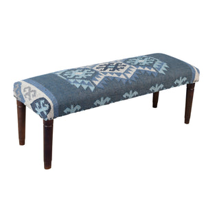 Lurell Contemporary Blue/Ivory Kilim Polyester and Wood Upholstered Accent Bench