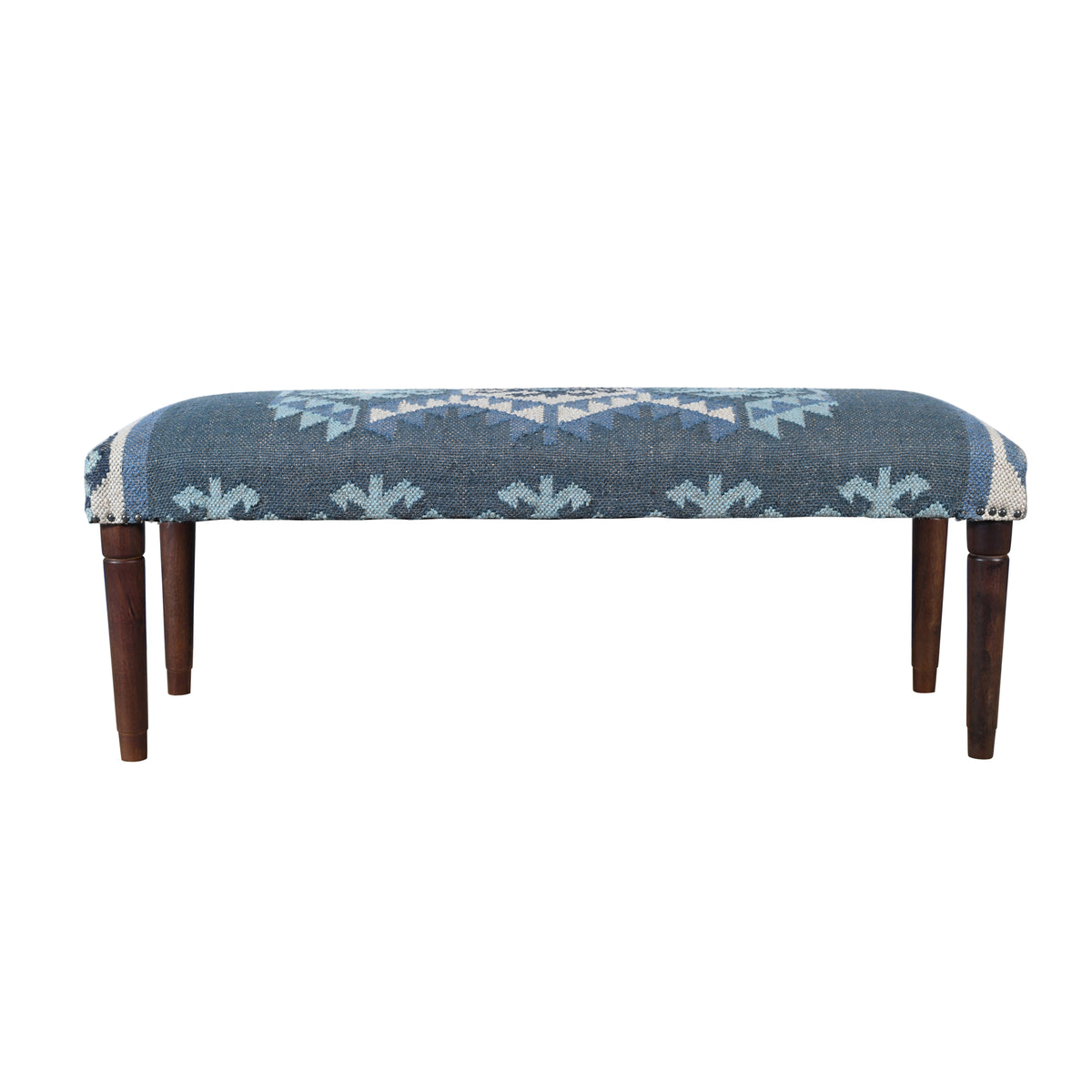 Lurell Contemporary Blue/Ivory Kilim Polyester and Wood Upholstered Accent Bench
