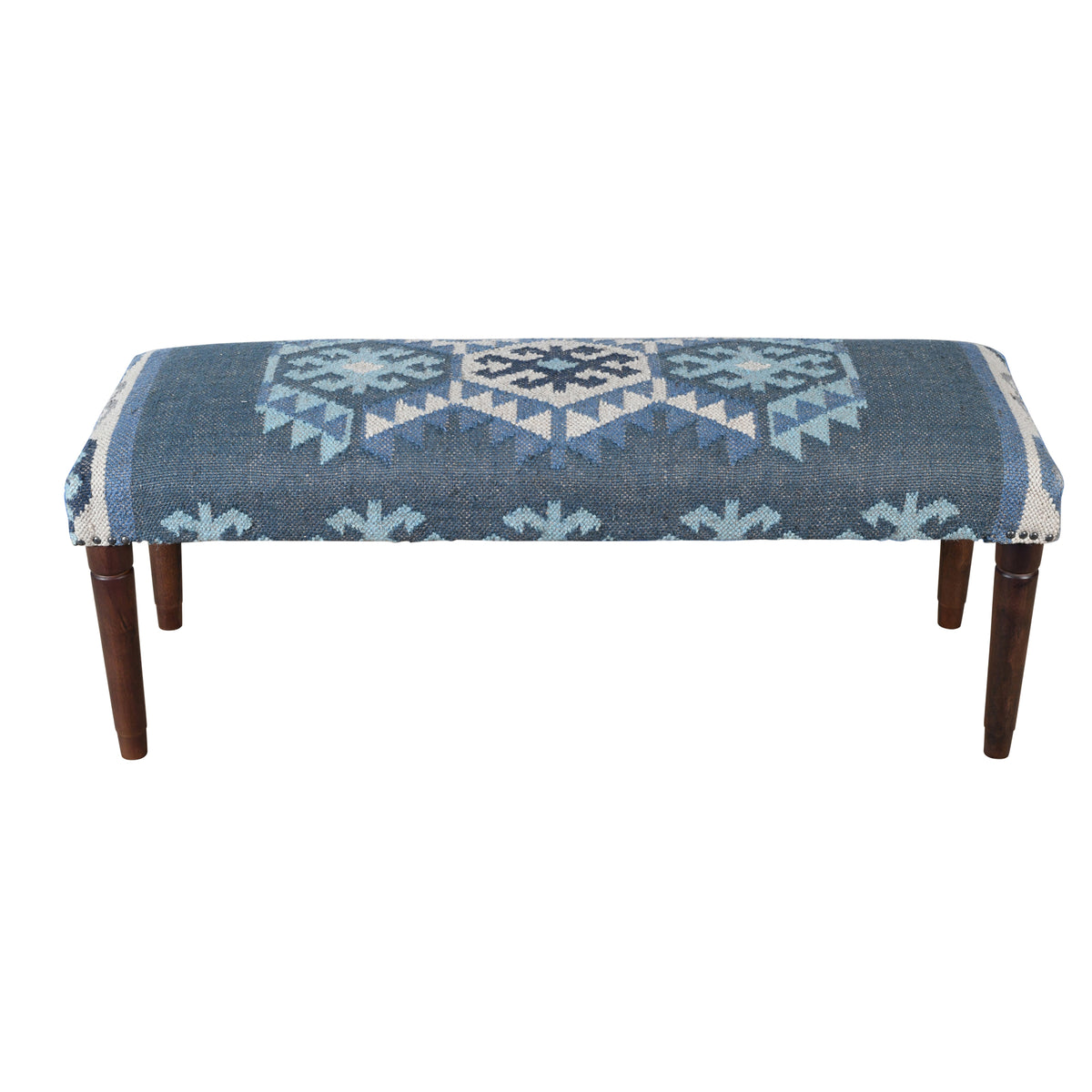 Lurell Contemporary Blue/Ivory Kilim Polyester and Wood Upholstered Accent Bench