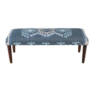 Lurell Contemporary Blue/Ivory Kilim Polyester and Wood Upholstered Accent Bench