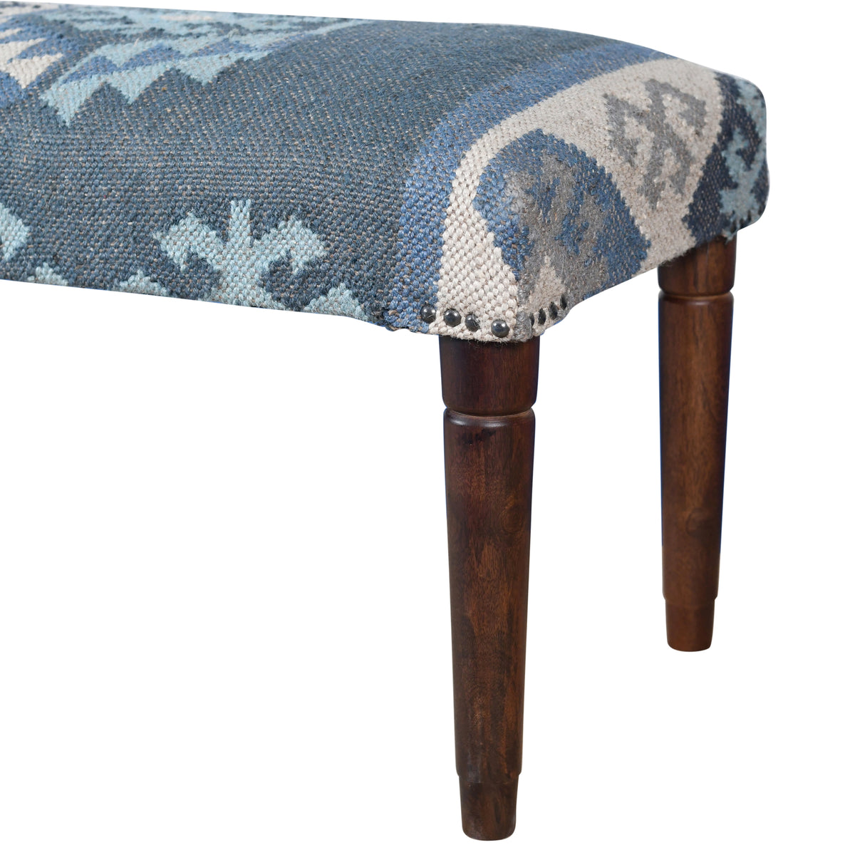 Lurell Contemporary Blue/Ivory Kilim Polyester and Wood Upholstered Accent Bench