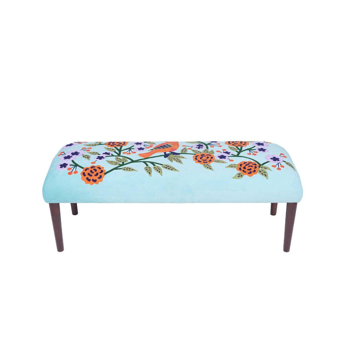 Dahlia Contemporary Embroidered Velvet Upholstered Accent Bench, Blue/Multi