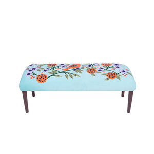 Dahlia Contemporary Embroidered Velvet Upholstered Accent Bench, Blue/Multi