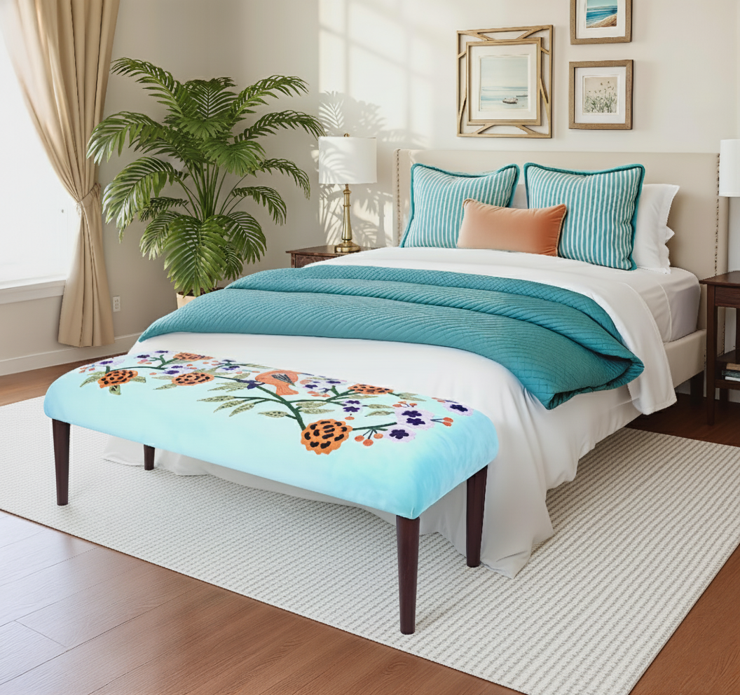 Dahlia Contemporary Embroidered Velvet Upholstered Accent Bench, Blue/Multi