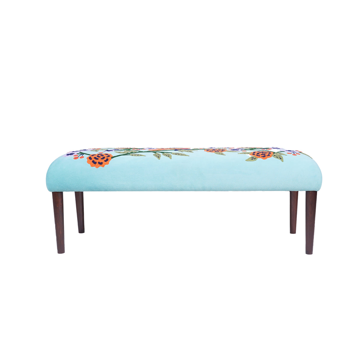 Dahlia Contemporary Embroidered Velvet Upholstered Accent Bench, Blue/Multi