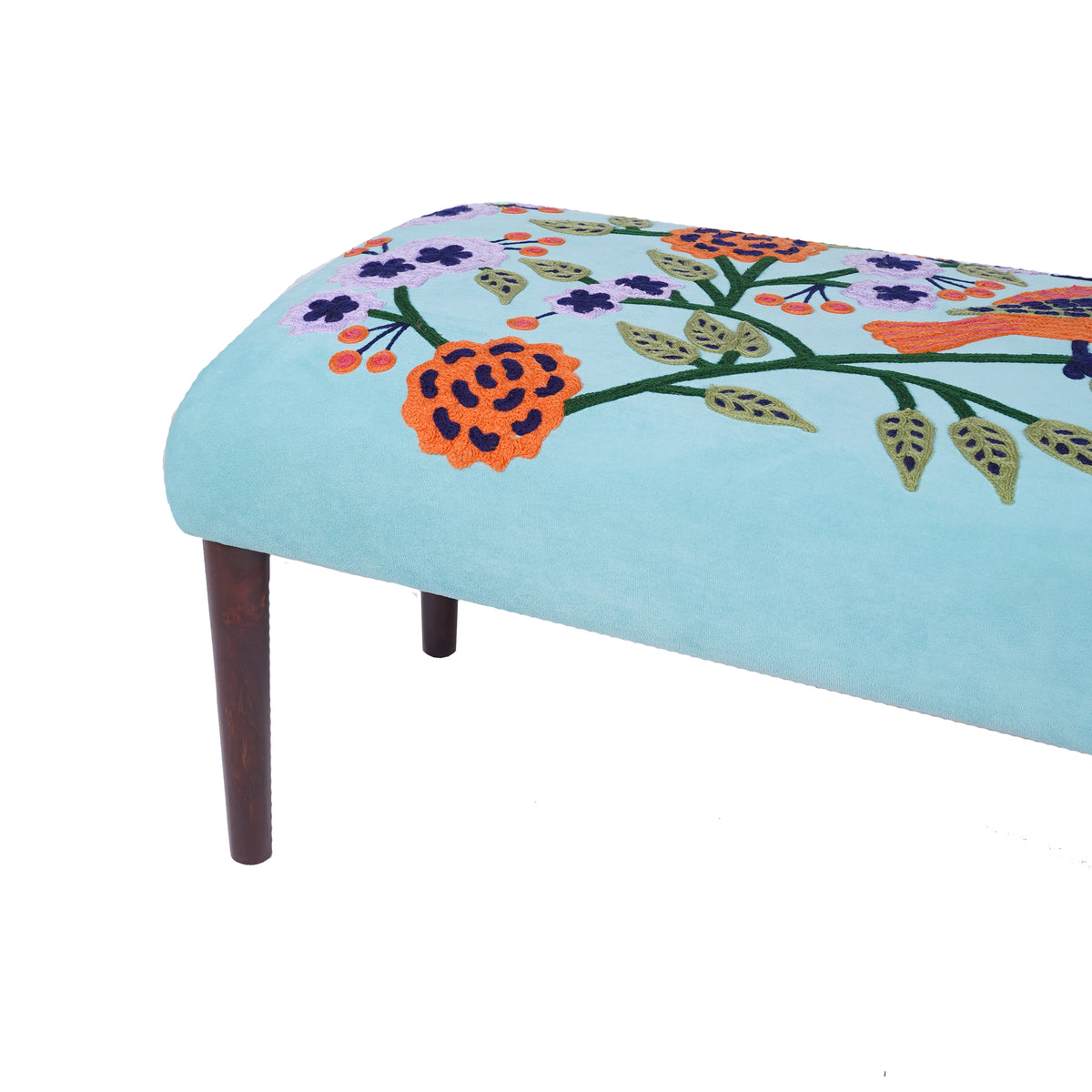 Dahlia Contemporary Embroidered Velvet Upholstered Accent Bench, Blue/Multi