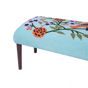 Dahlia Contemporary Embroidered Velvet Upholstered Accent Bench, Blue/Multi