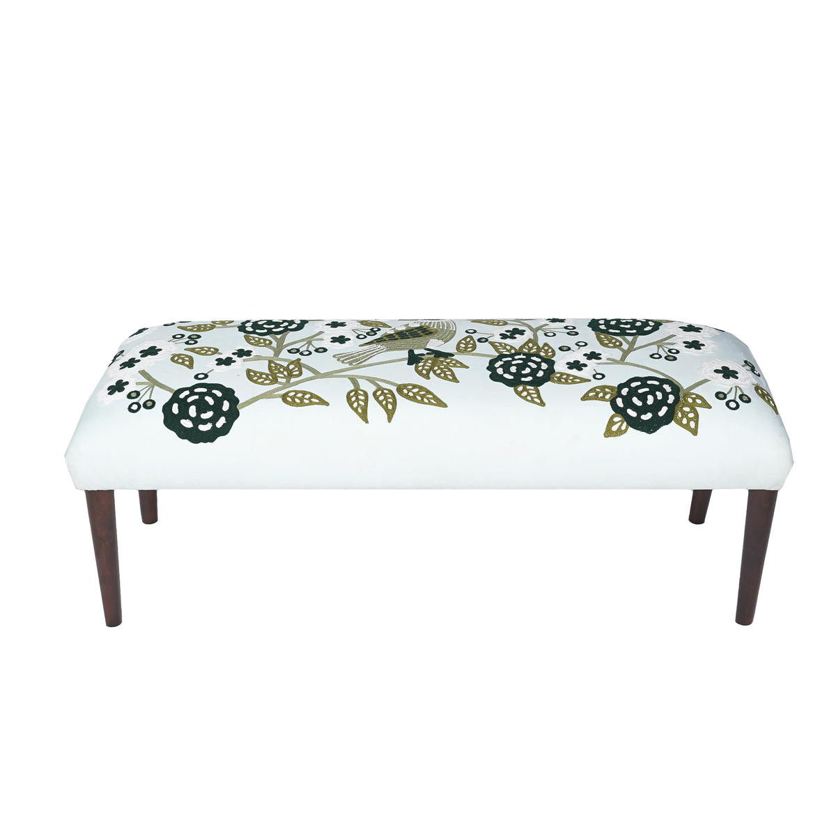 Dahlia Contemporary Embroidered Velvet Upholstered Accent Bench, Green/Ivory