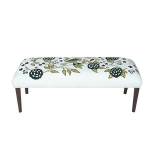 Dahlia Contemporary Embroidered Velvet Upholstered Accent Bench, Green/Ivory