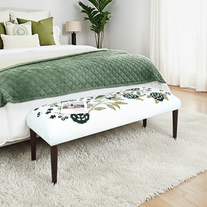 Dahlia Contemporary Embroidered Velvet Upholstered Accent Bench, Green/Ivory