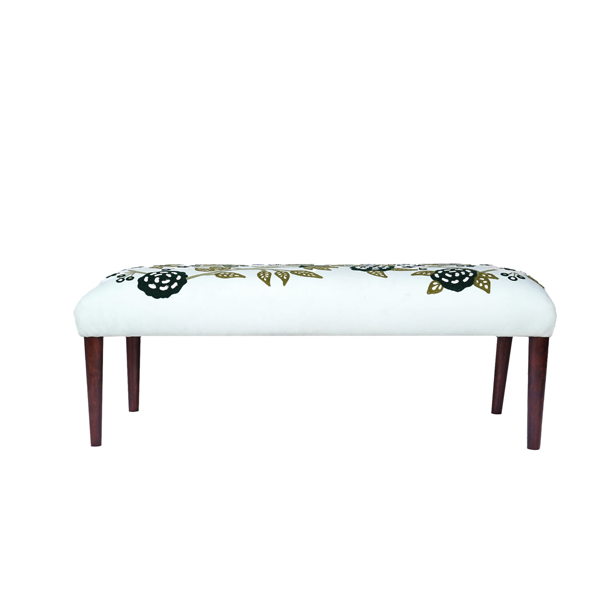 Dahlia Contemporary Embroidered Velvet Upholstered Accent Bench, Green/Ivory