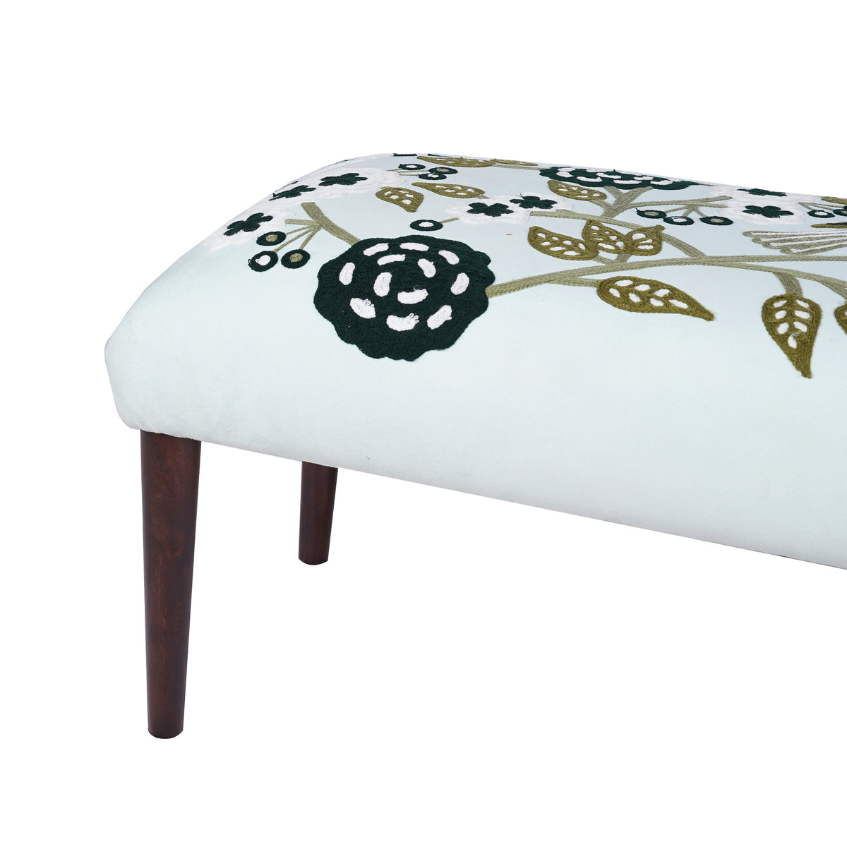 Dahlia Contemporary Embroidered Velvet Upholstered Accent Bench, Green/Ivory