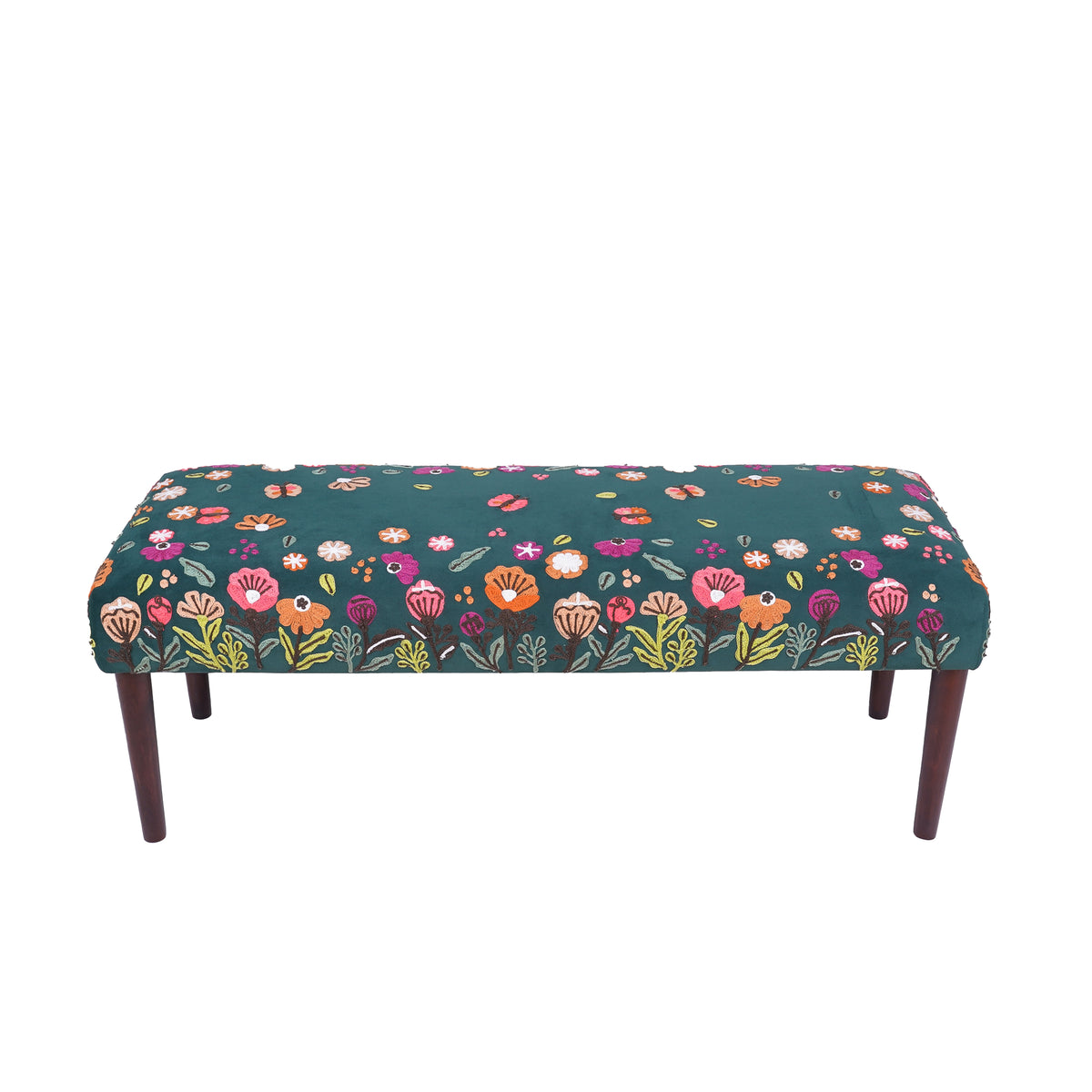 Alton Contemporary Green/Multi Floral Velvet and Wood Embroidered Accent Bench