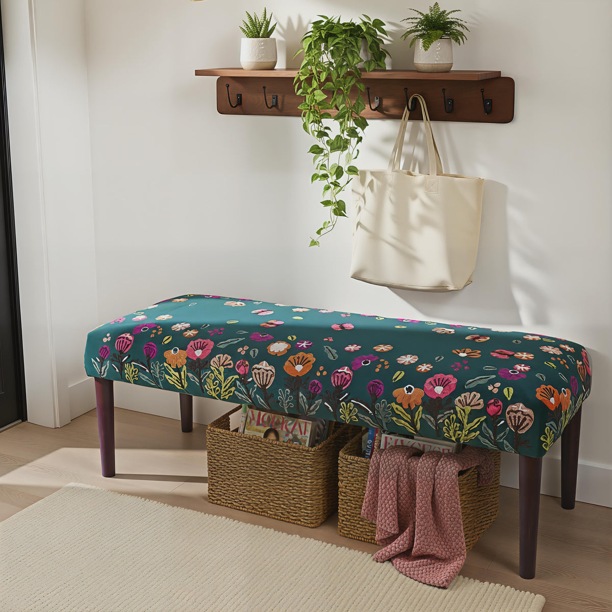 Alton Contemporary Green/Multi Floral Velvet and Wood Embroidered Accent Bench