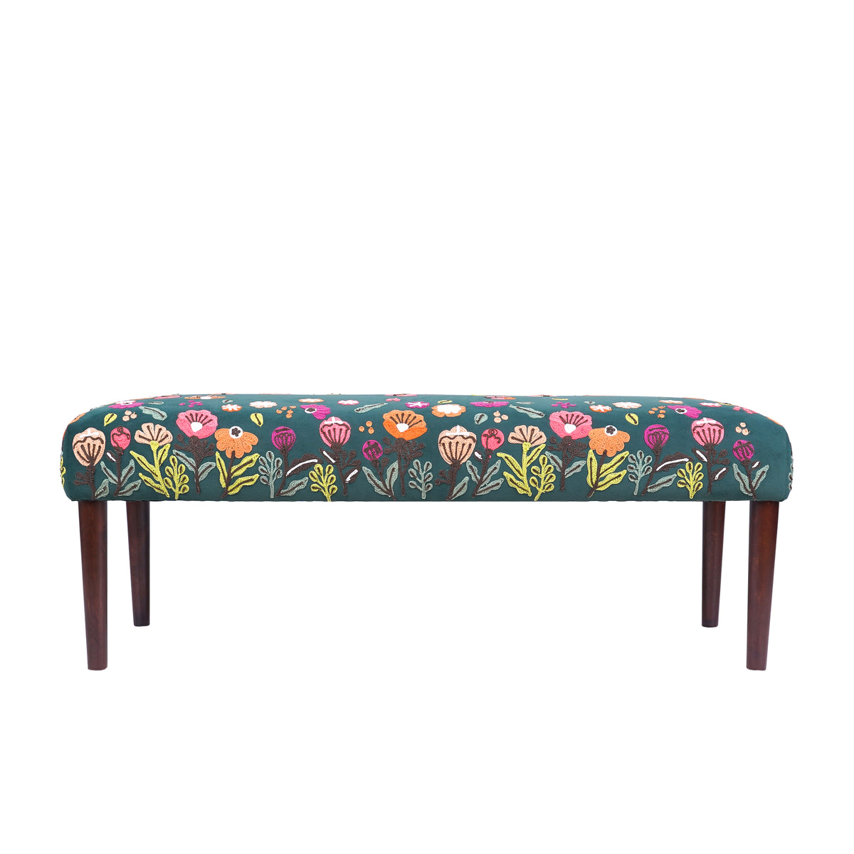 Alton Contemporary Green/Multi Floral Velvet and Wood Embroidered Accent Bench