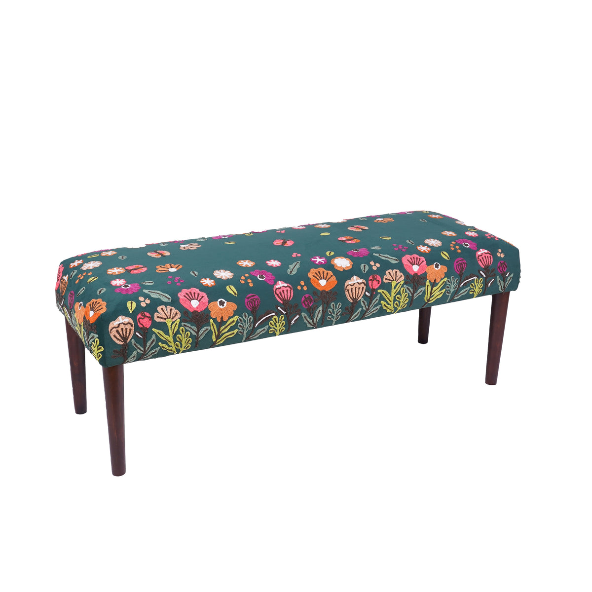 Alton Contemporary Green/Multi Floral Velvet and Wood Embroidered Accent Bench