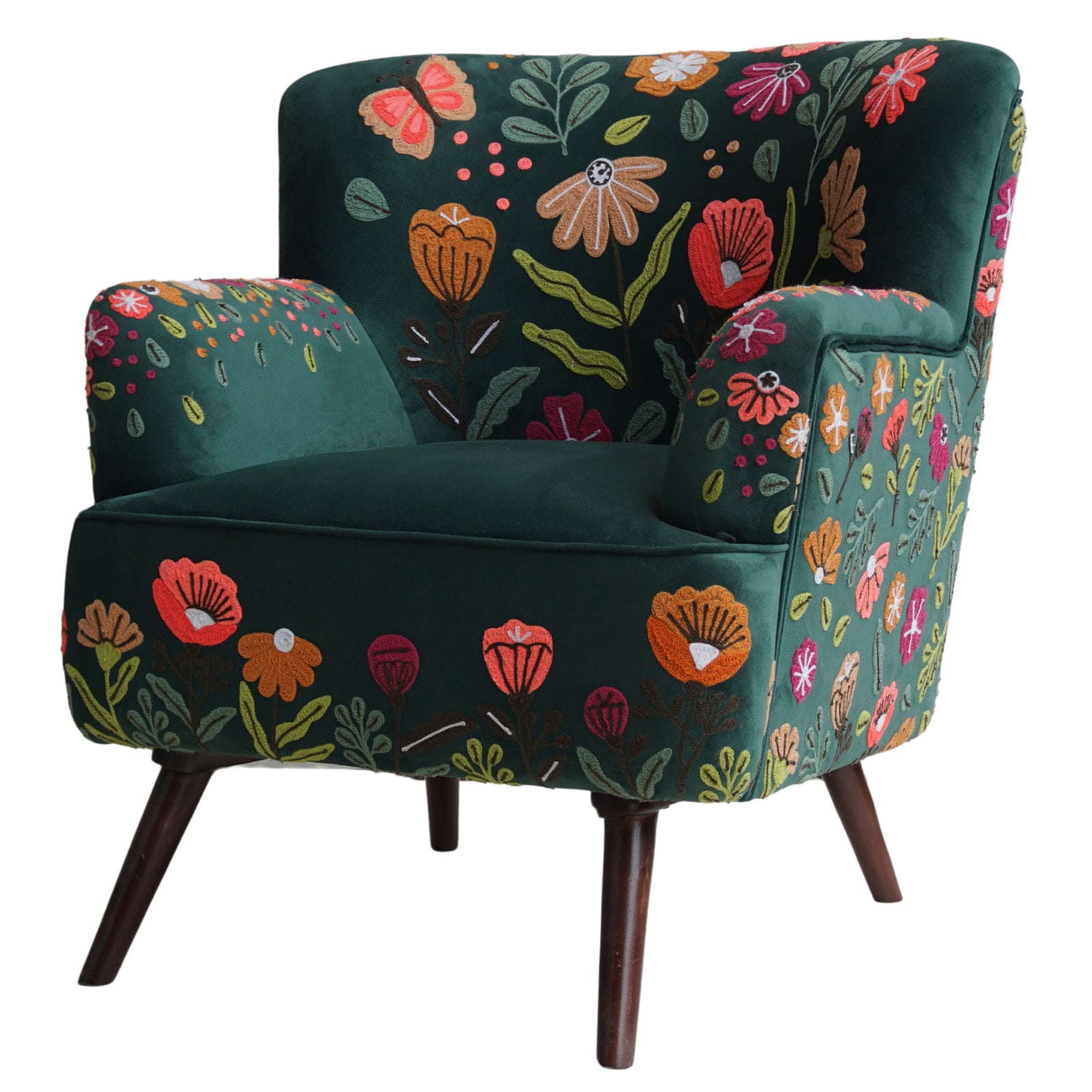Matilda Embroidered Dark Green Floral Polyester Velvet Accent Chair