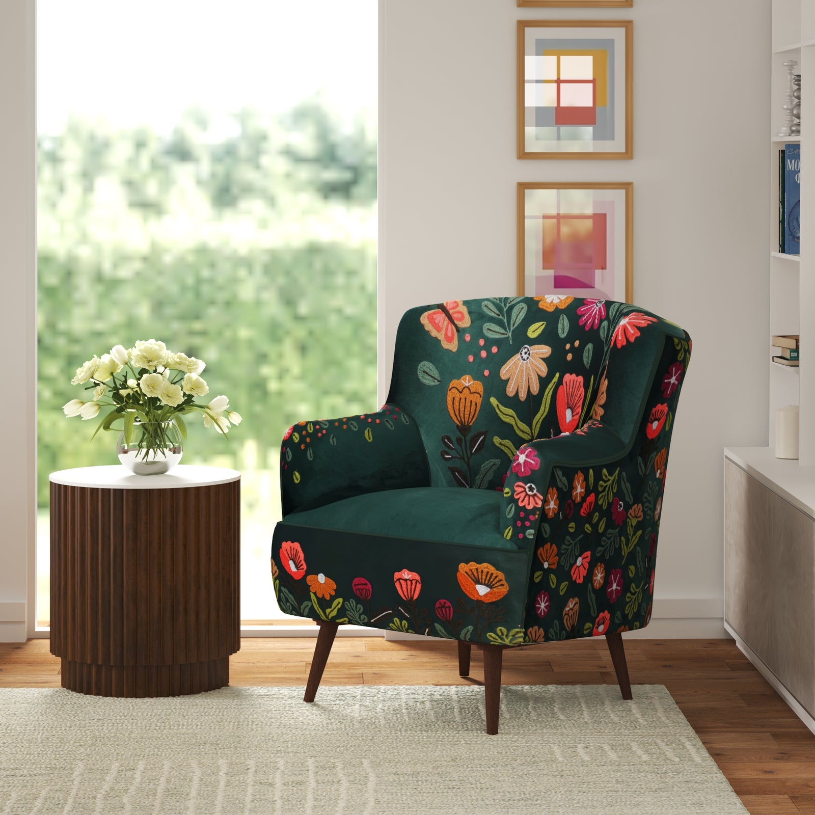 Matilda Embroidered Dark Green Floral Polyester Velvet Accent Chair