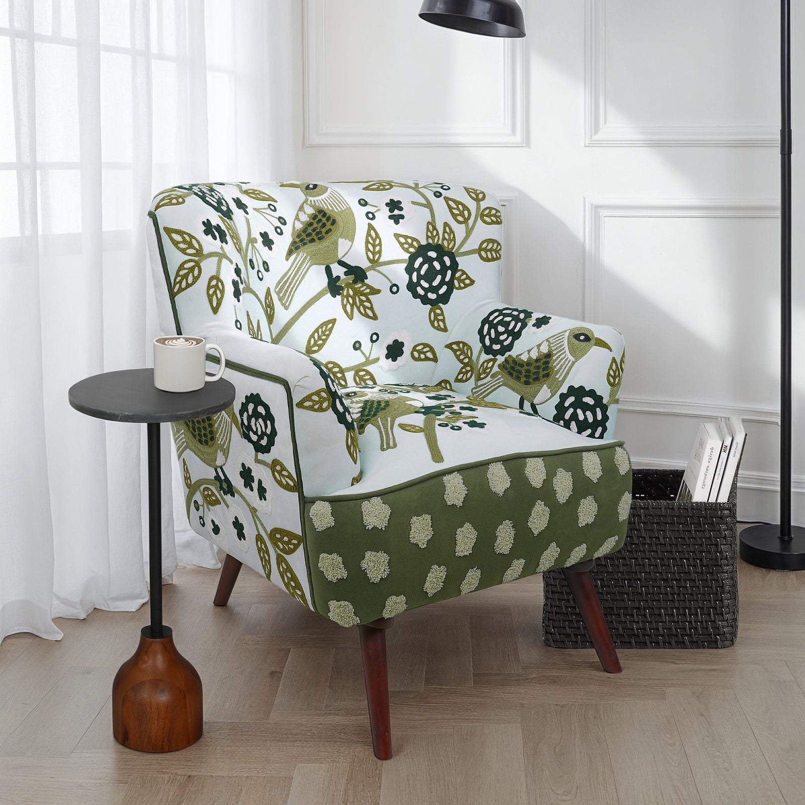 Dahlia Contemporary Embroidered Velvet Upholstered Accent Chair, Green/Ivory