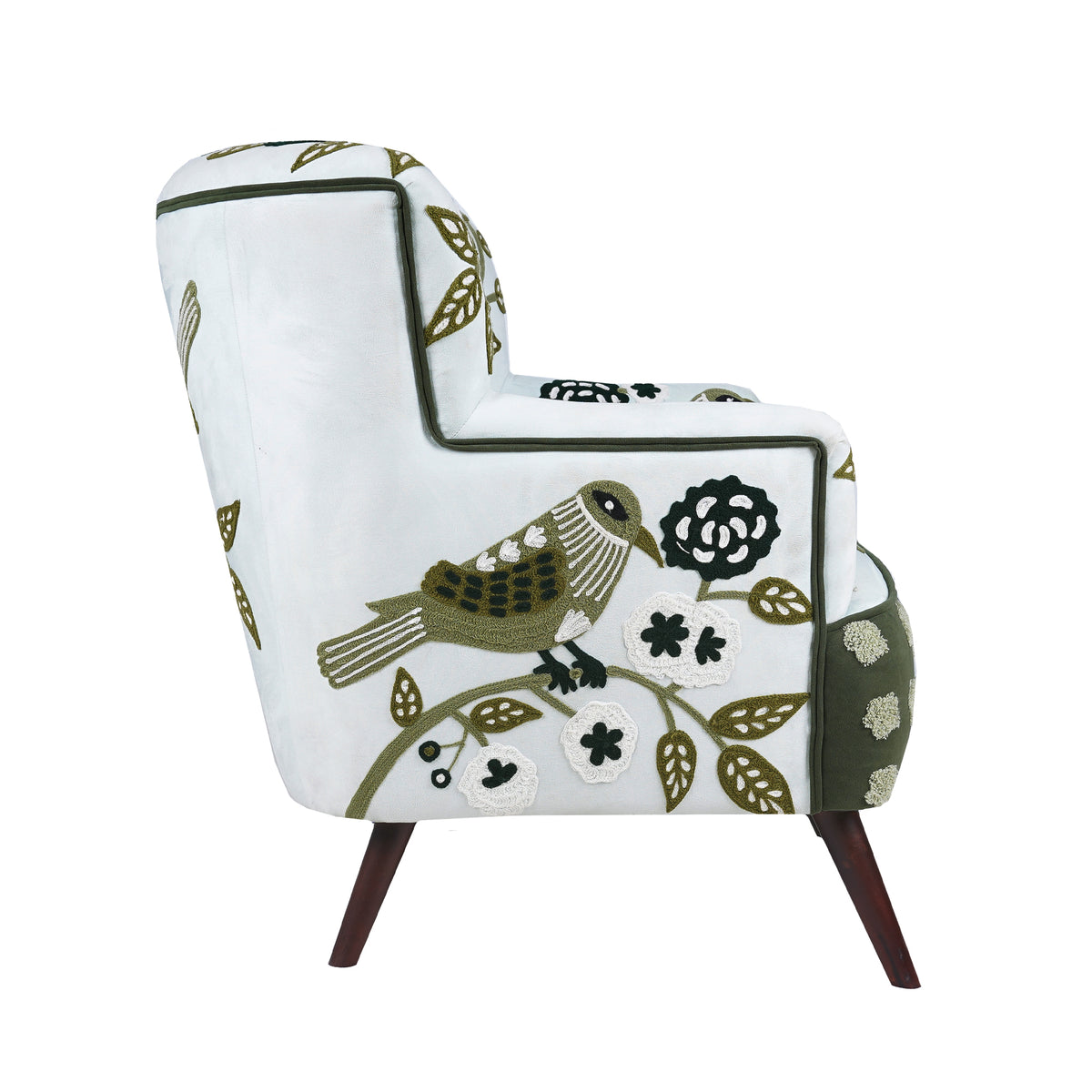 Dahlia Contemporary Embroidered Velvet Upholstered Accent Chair, Green/Ivory