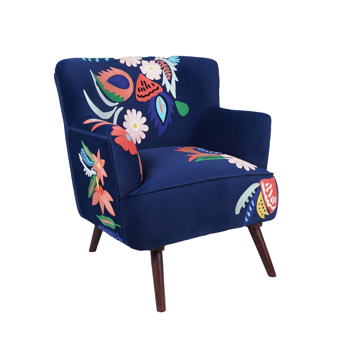 Brenham Handmade Embroidered Velvet Floral Royal Blue Accent Chair