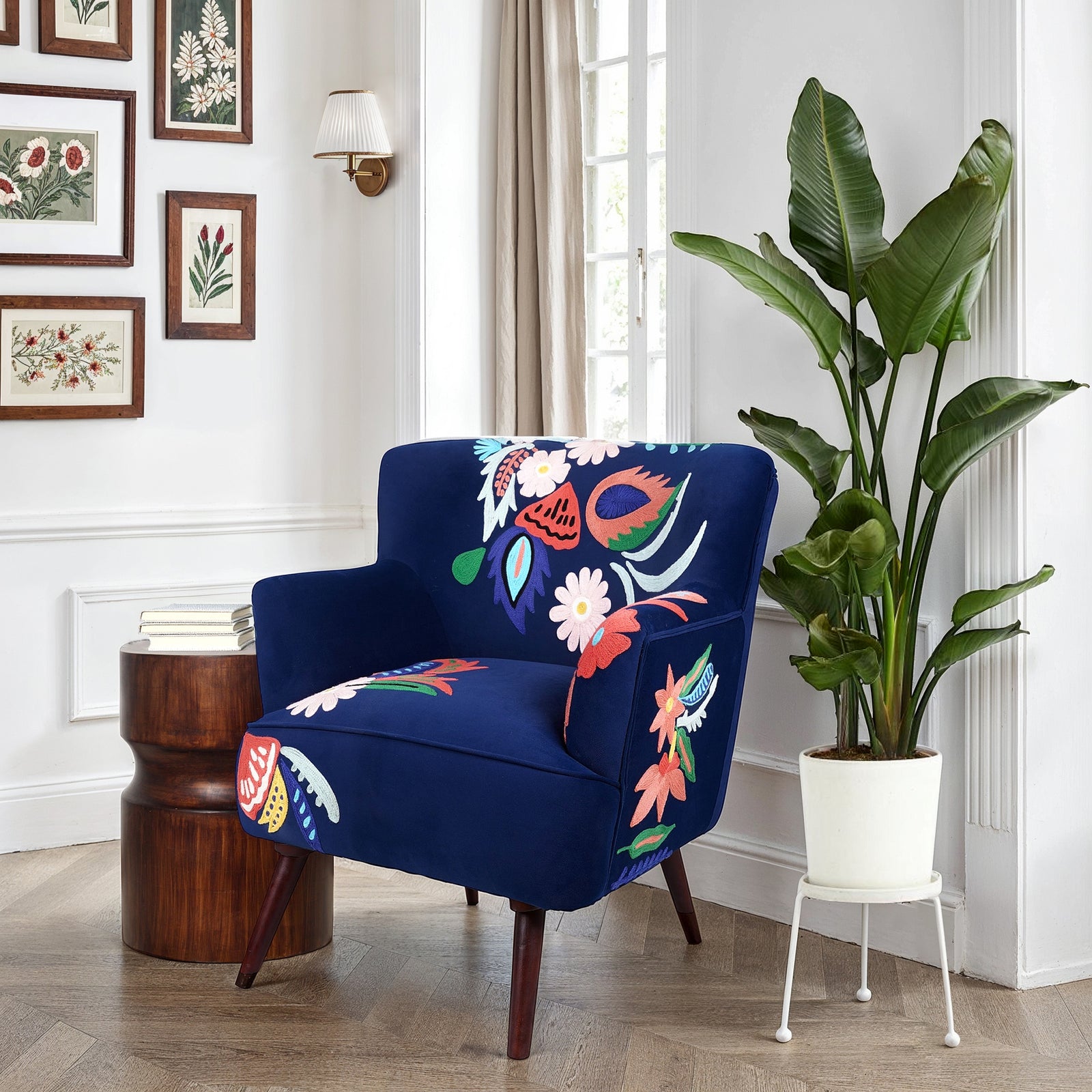 Brenham Handmade Embroidered Velvet Floral Royal Blue Accent Chair