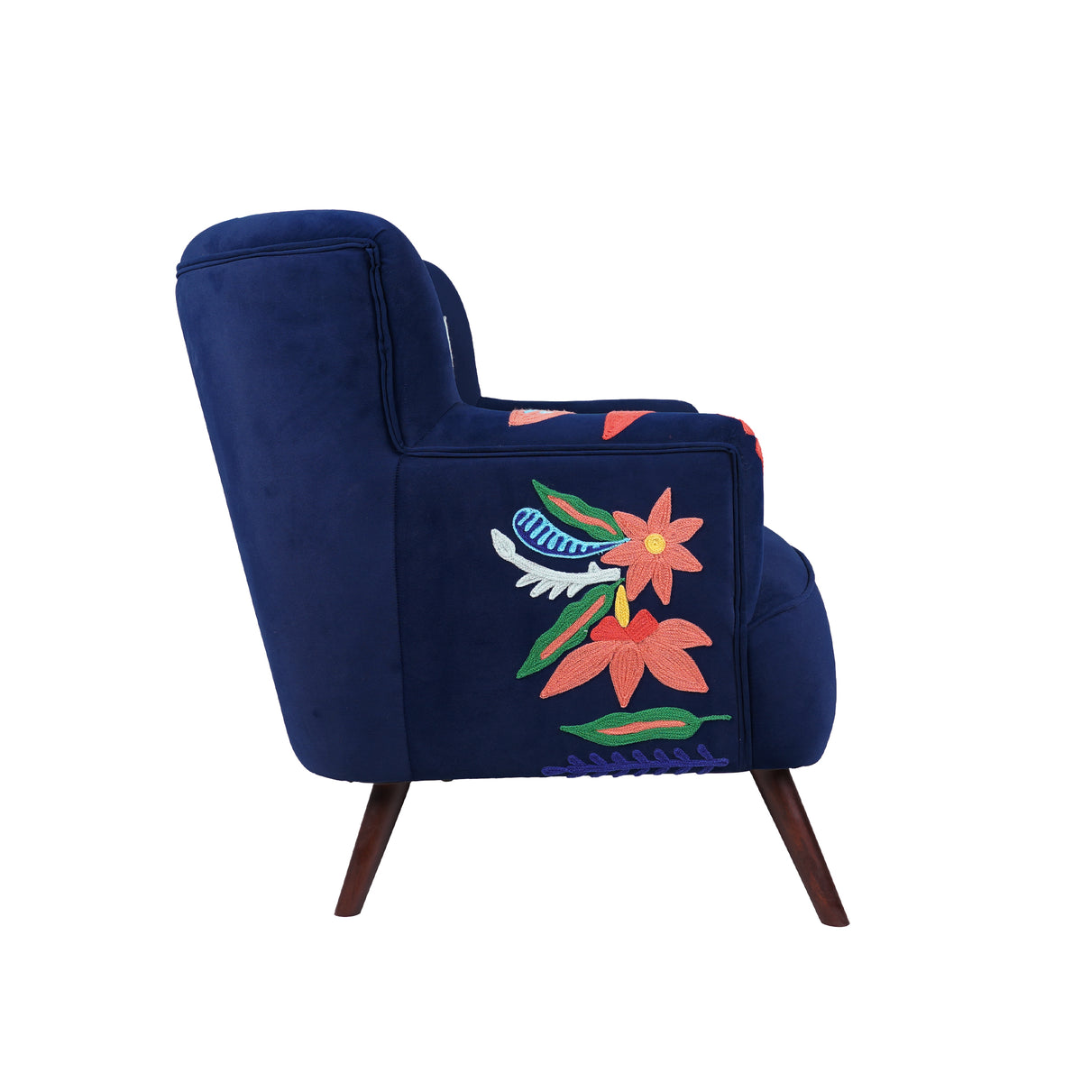 Brenham Handmade Embroidered Velvet Floral Royal Blue Accent Chair