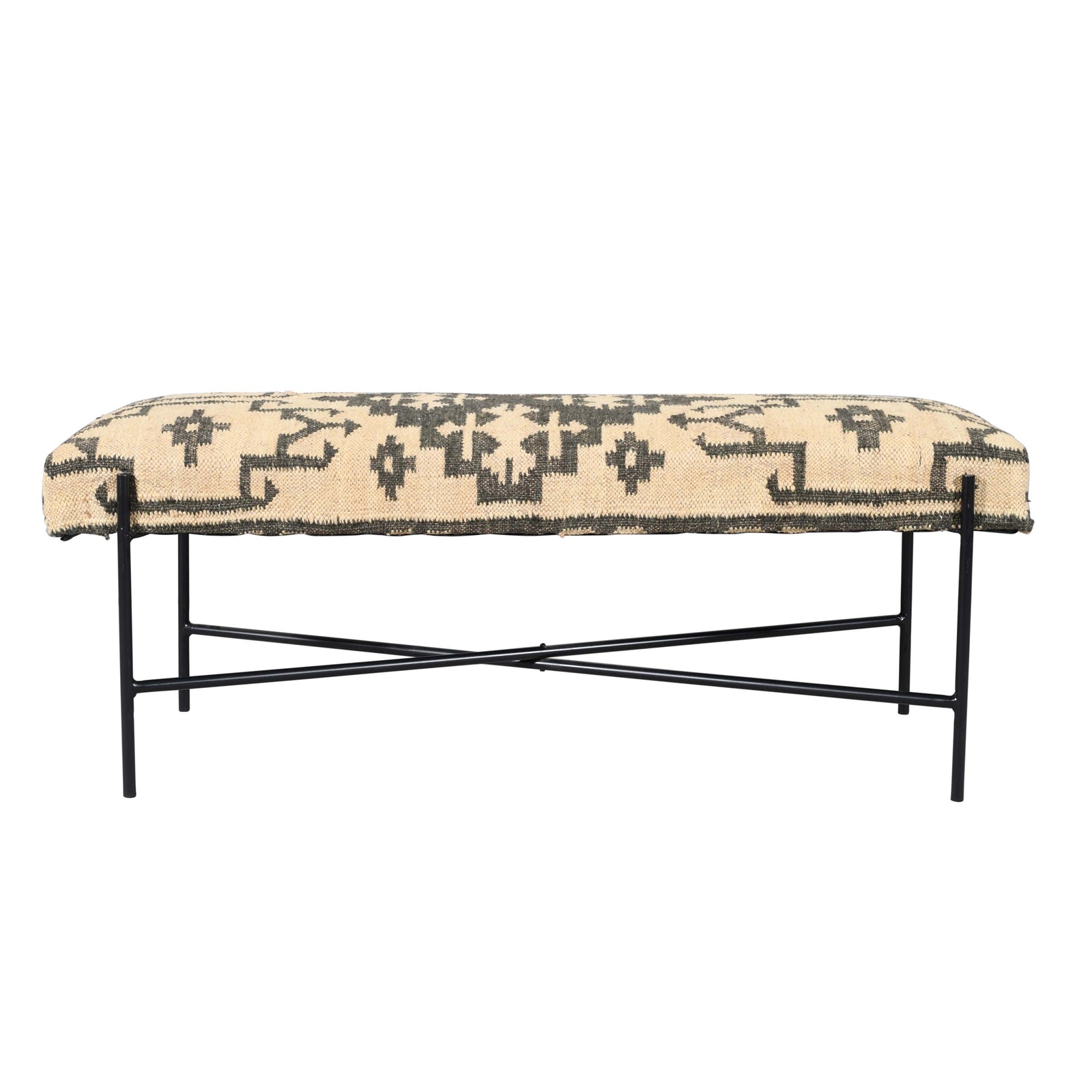 Daniel Bohemian/Eclectic Black/Cream Geometric Jute Blend Upholstered Accent Bench