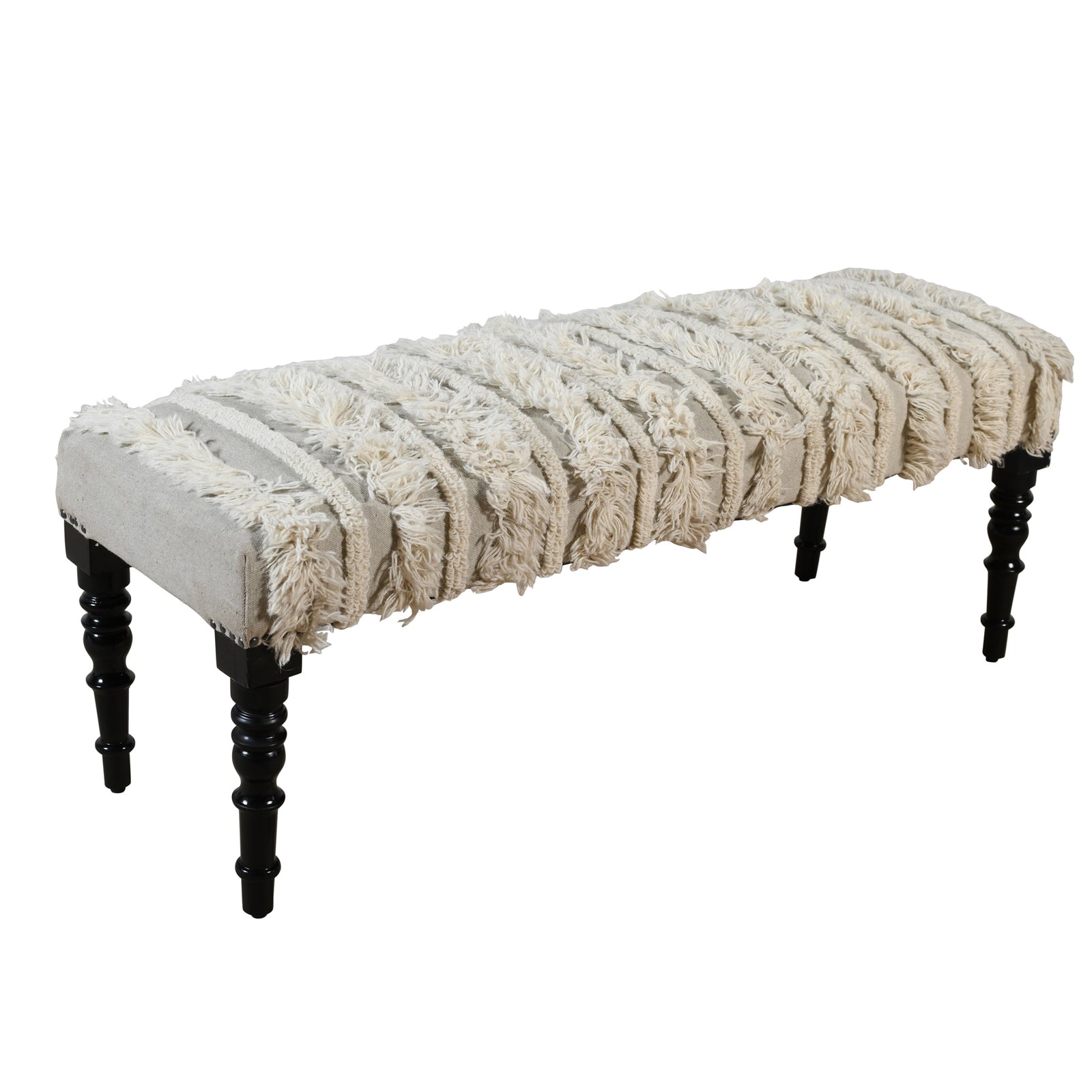 Atlas Farmhouse Cream Striped Wool Upholstered Accent Bench