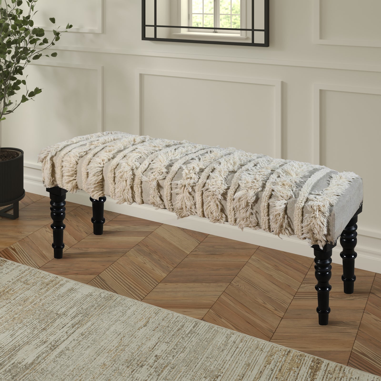 Atlas Farmhouse Cream Striped Wool Upholstered Accent Bench