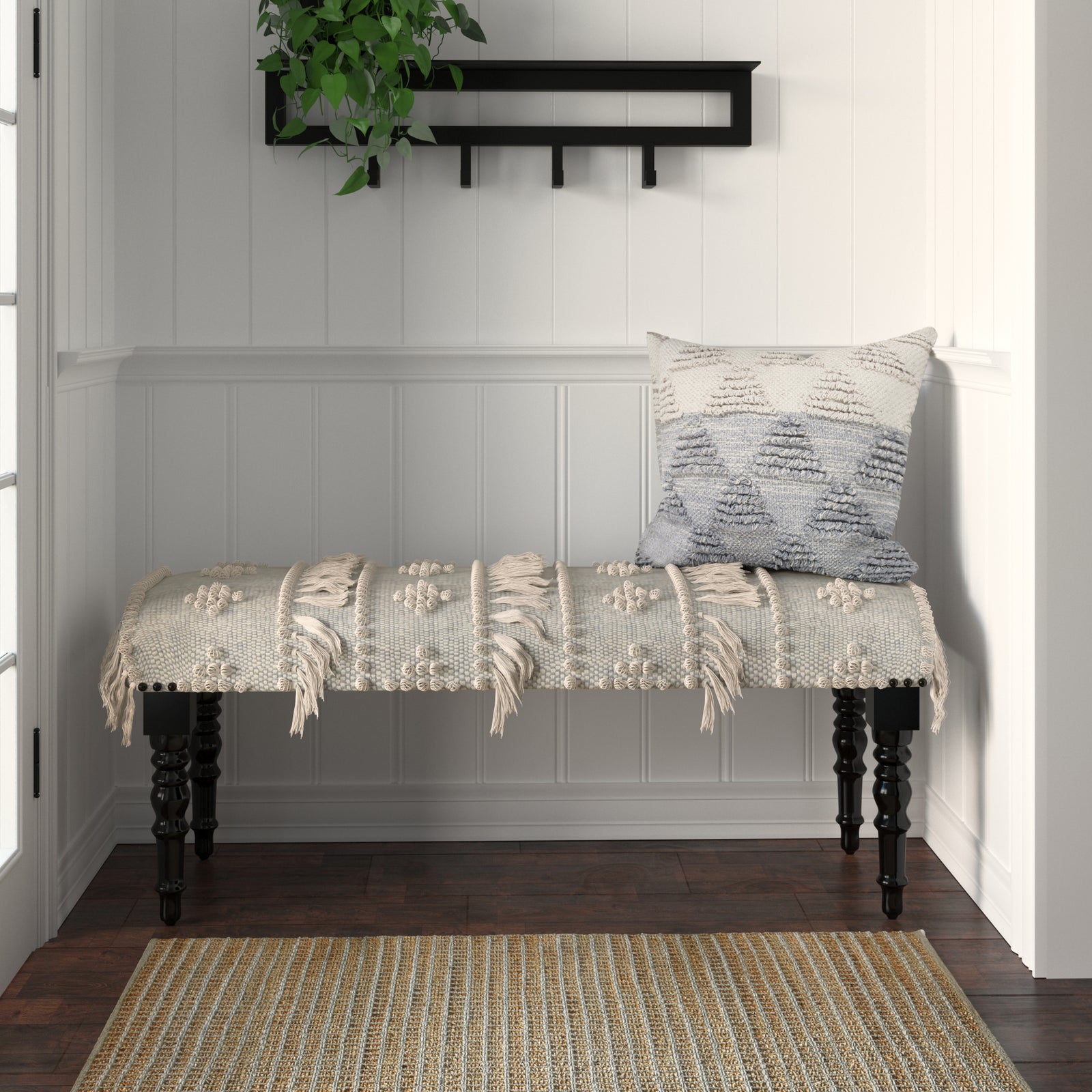 Audrey Farmhouse Blue/Cream Striped Cotton Upholstered Accent Bench