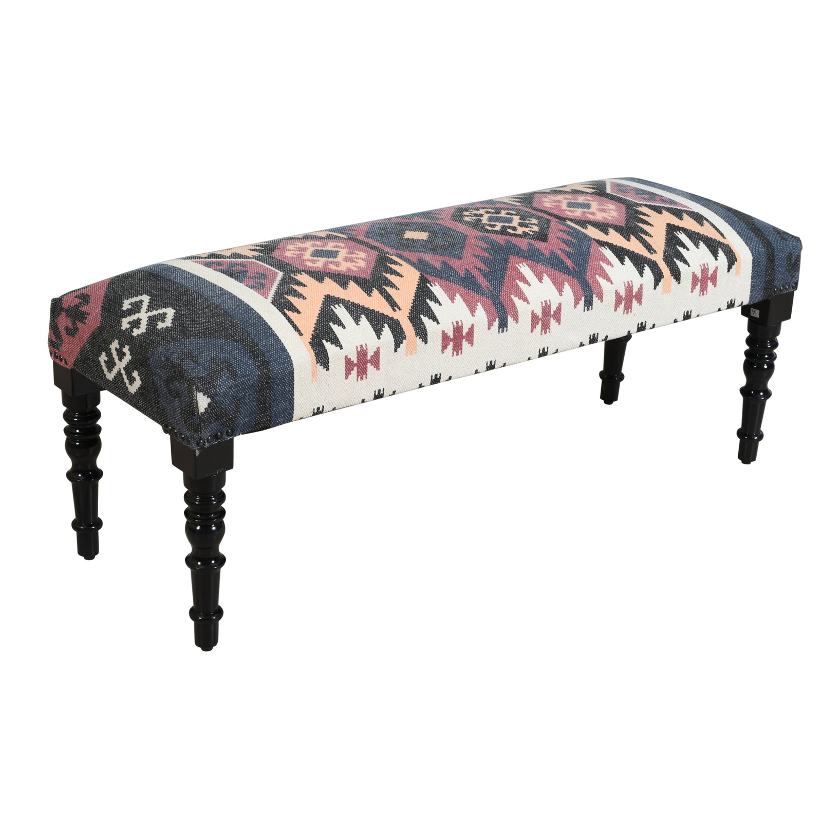 August Southwestern Blue/Multi Kilim Cotton Upholstered Accent Bench