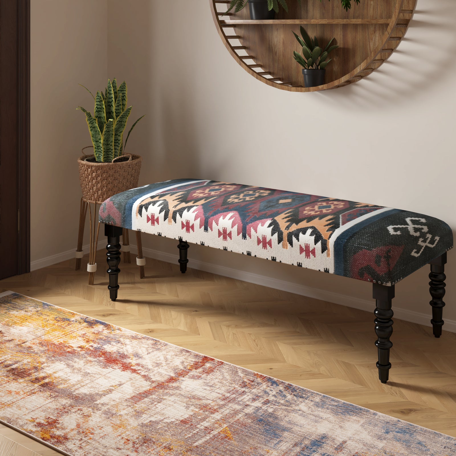 August Southwestern Blue/Multi Kilim Cotton Upholstered Accent Bench