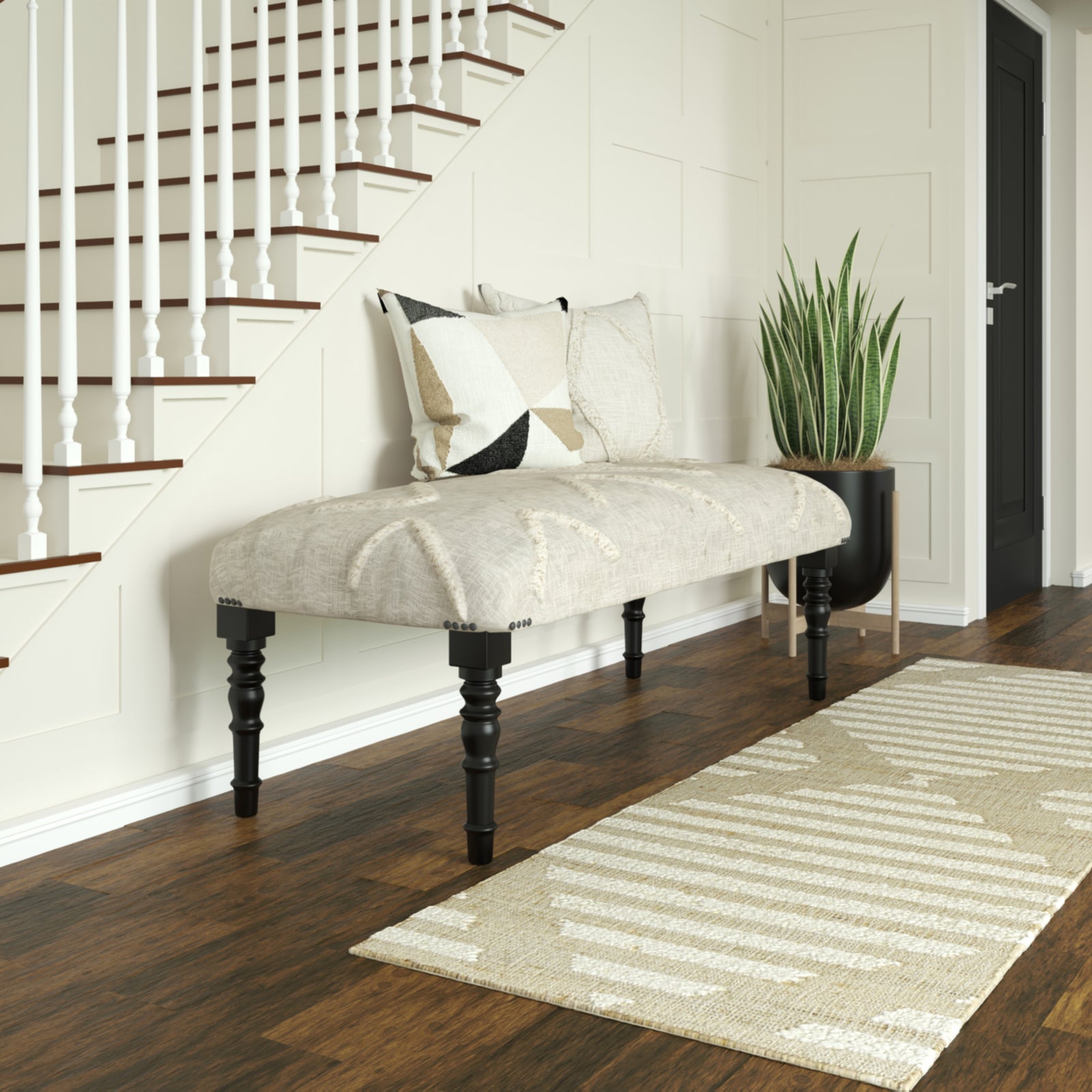 Aurora Contemporary Ivory Abstract Cotton Upholstered Accent Bench