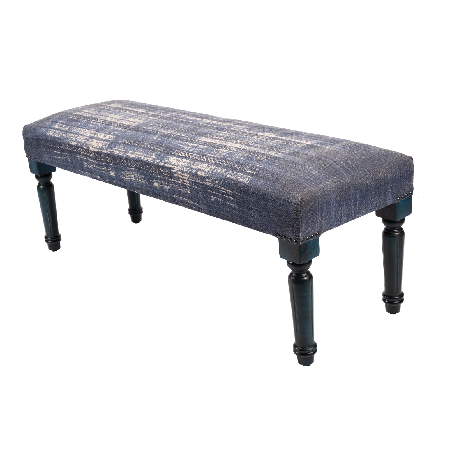 Andrew Contemporary Blue  Striped Cotton Upholstered Accent Bench