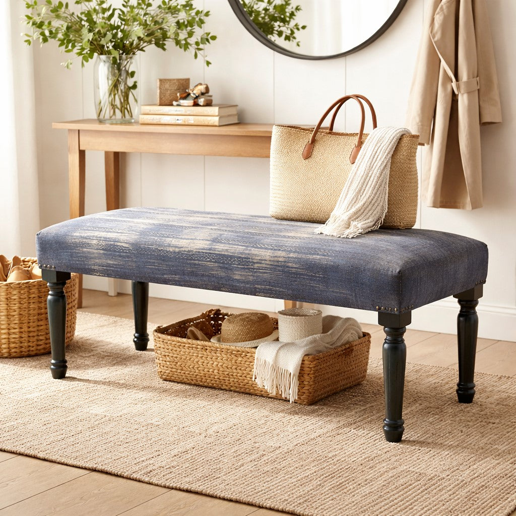 Andrew Contemporary Blue  Striped Cotton Upholstered Accent Bench