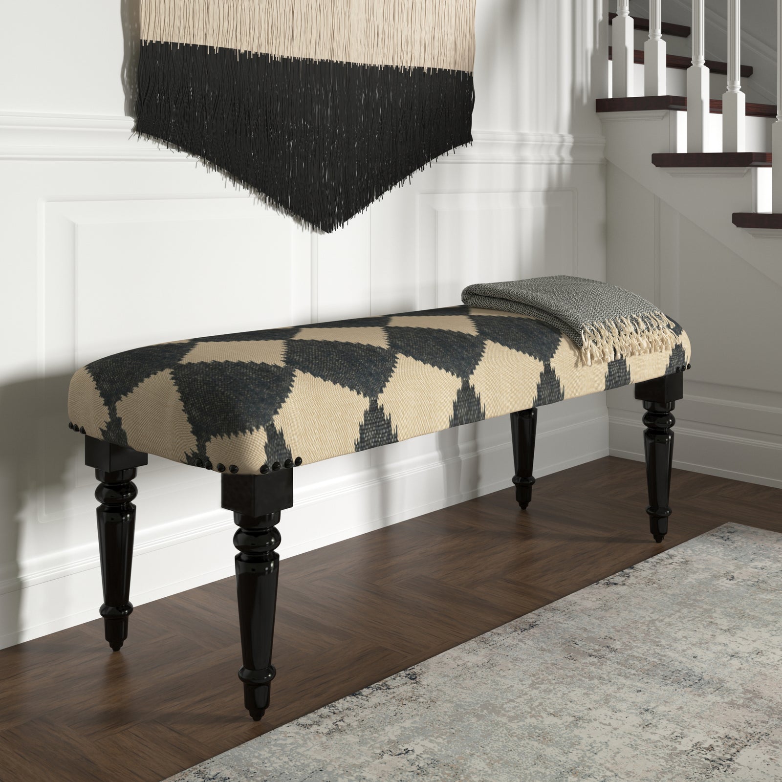 Thomas Handmade Jute/Wool Black and Gray Checkered Accent Bench