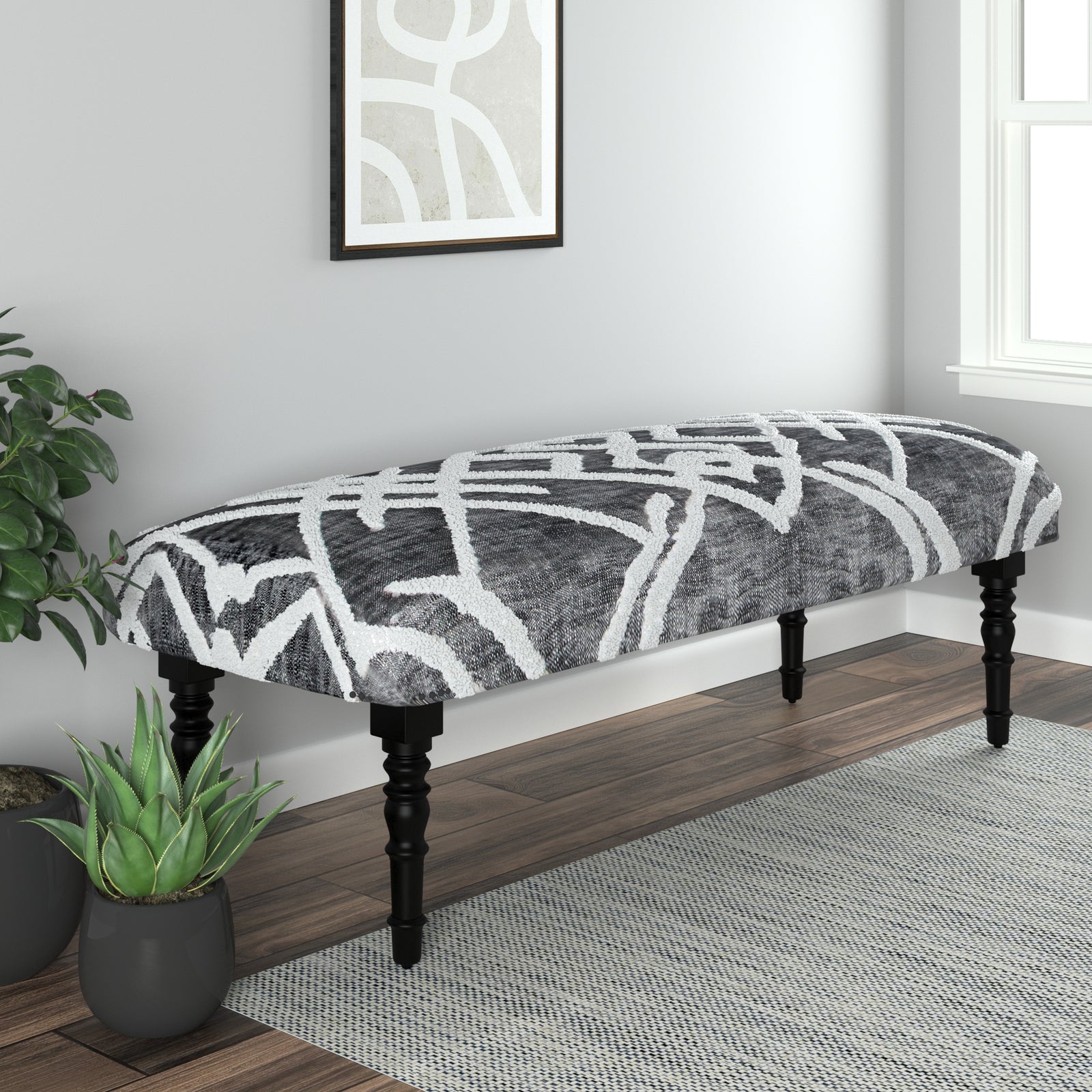 Autumn Contemporary Black/Gray Geometric Cotton Upholstered Accent Bench
