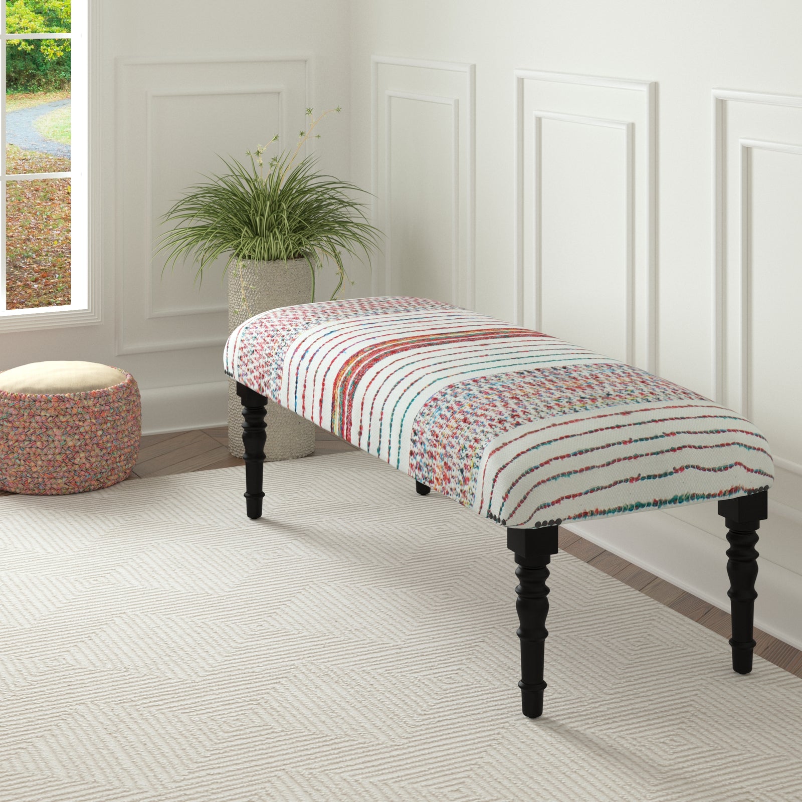 Colton Contemporary White/Multi Striped Cotton Upholstered Accent Bench