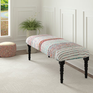 Colton Contemporary White/Multi Striped Cotton Upholstered Accent Bench