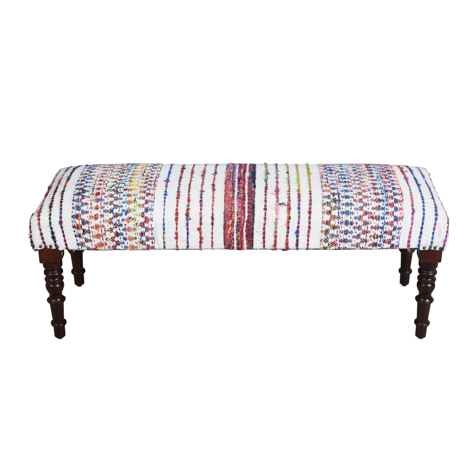 Colton Contemporary White/Multi Striped Cotton Upholstered Accent Bench