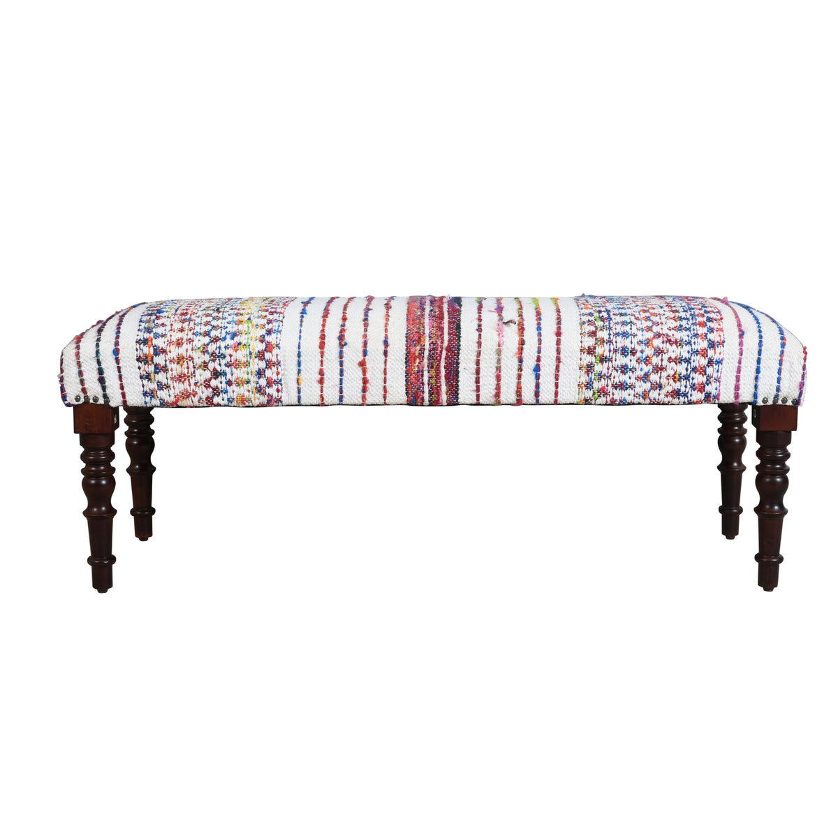 Colton Contemporary White/Multi Striped Cotton Upholstered Accent Bench